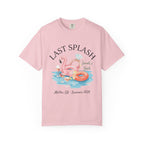 Pink t-shirt with "Last Splash Sarah's Bach Malibu, CA - Summer 2026" text and flamingo float.