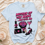 Light blue t-shirt with "Mother of the Bride ...Boo-tiful Job" and graphic elements.