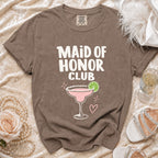 Brown t-shirt with "Maid of Honor Club" text and cocktail graphic.