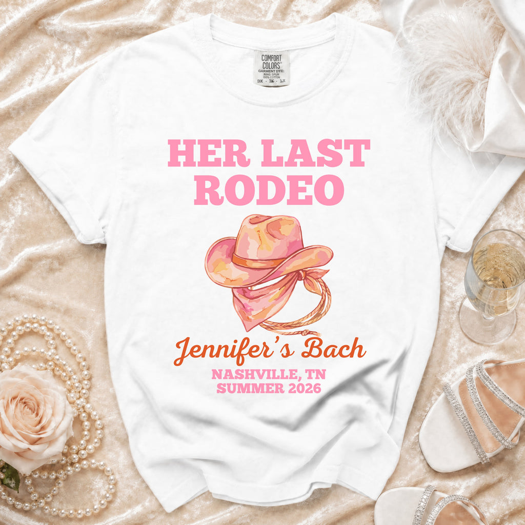 "Her Last Rodeo" pink cowboy hat graphic t-shirt for Jennifer's Bach.