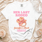 "Her Last Rodeo" pink cowboy hat graphic t-shirt for Jennifer's Bach.