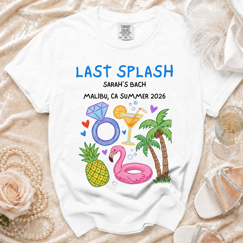 T-shirt graphic for "Sarah's Bach Malibu, CA Summer 2026" with flamingo, pineapple, cocktail.