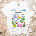 T-shirt graphic for "Sarah's Bach Malibu, CA Summer 2026" with flamingo, pineapple, cocktail.
