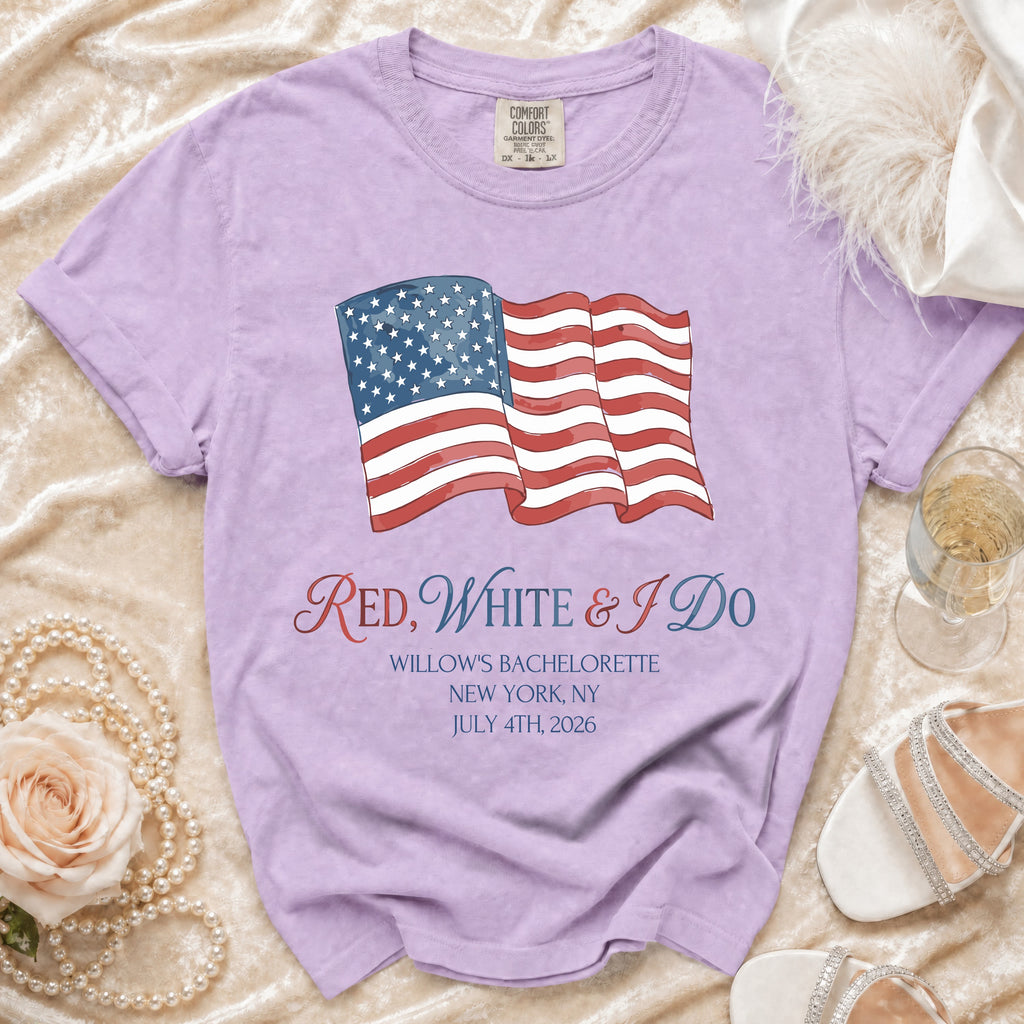 T-shirt with American flag and "Red, White & I Do" text.