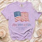 T-shirt with American flag and "Red, White & I Do" text.