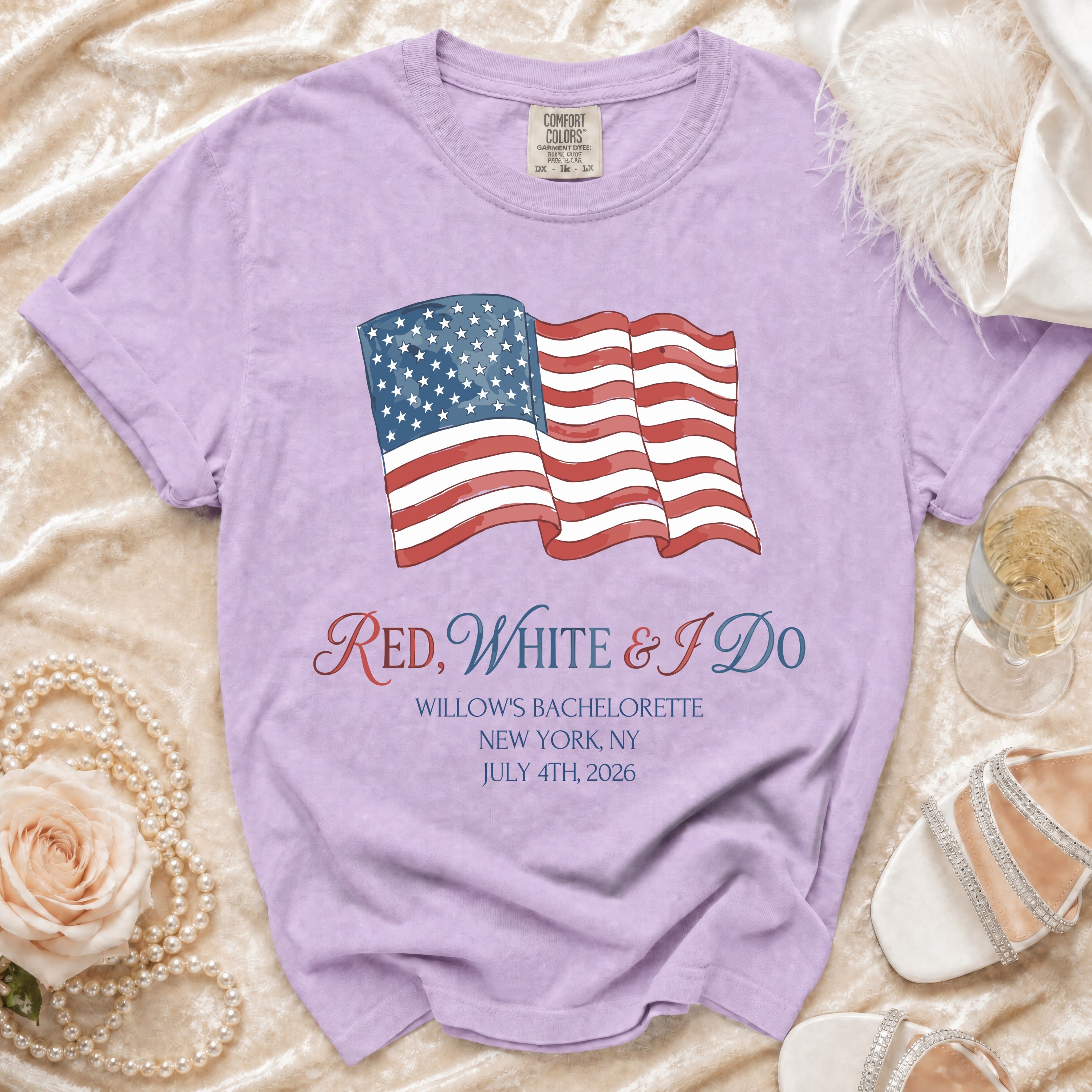 T-shirt with American flag and "Red, White & I Do" text.