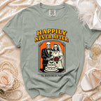 T-shirt with skeletons in wedding attire, "Happily Never After 'Til Death Do Us Part" text.