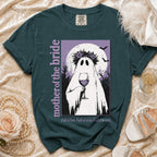 Teal t-shirt with a ghost holding wine, "mother of the bride" text, and quote.