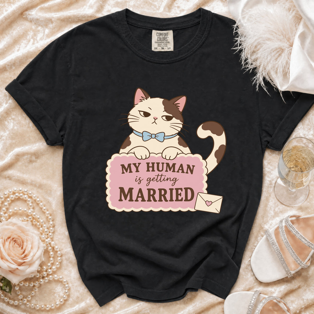 Black t-shirt with cartoon cat graphic saying "My Human is Getting Married."