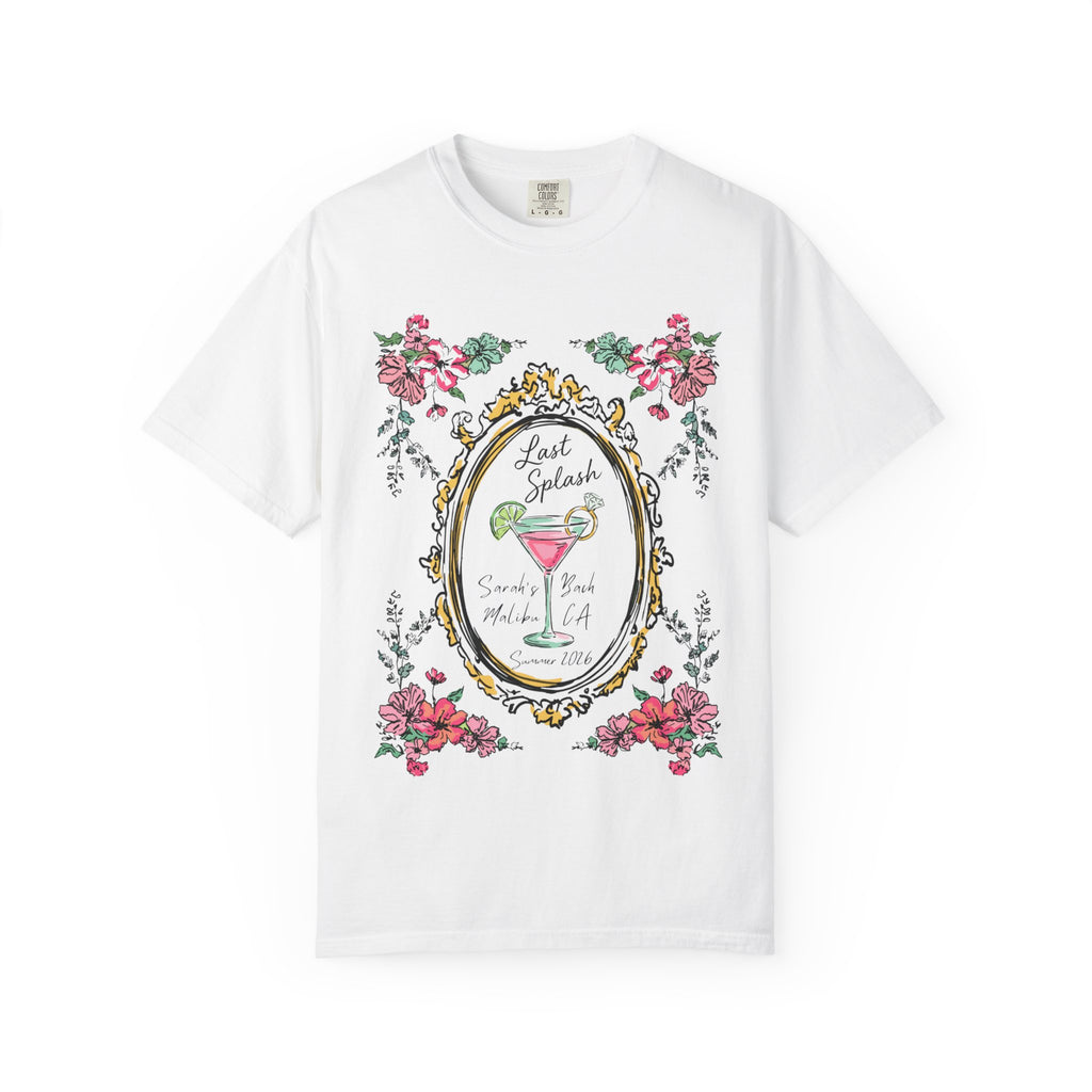White t-shirt with "Last Splash Sarah's Bach LA Summer 2018" text inside an ornate oval frame.