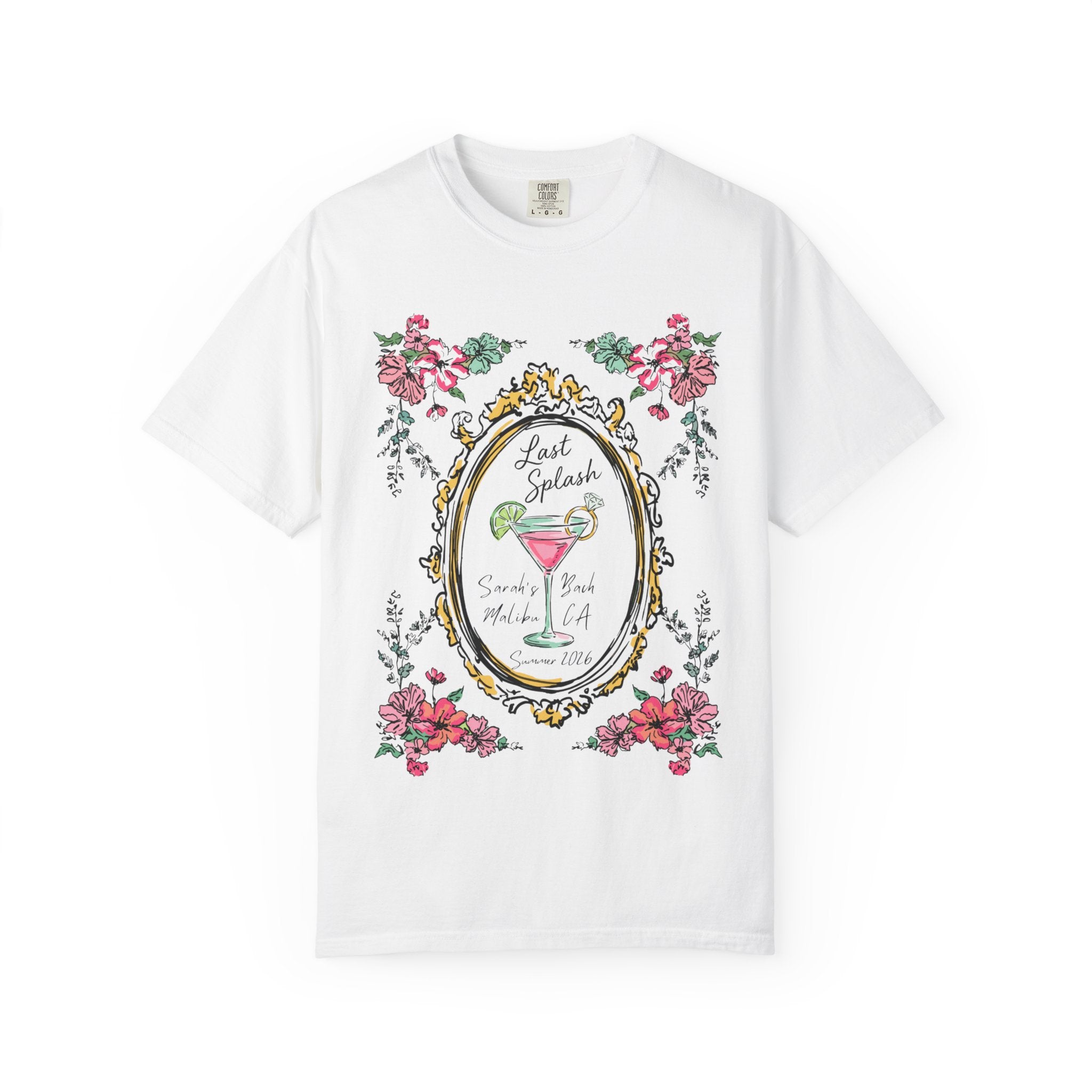 White t-shirt with "Last Splash Sarah's Bach LA Summer 2018" text inside an ornate oval frame.