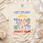 T-shirt with "LAST SPLASH MALIBU, CA SUMMER 2026 SARAH'S BACH" and colorful graphics.