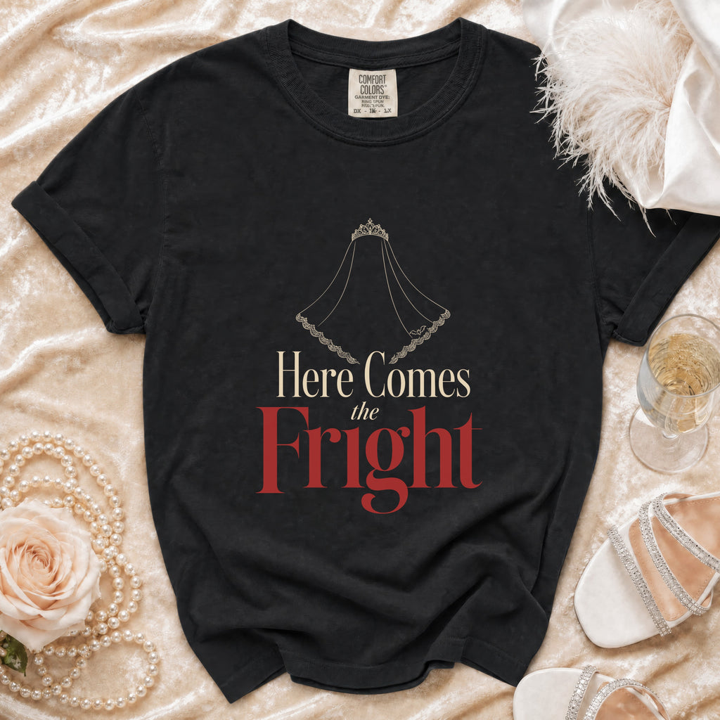 Black t-shirt with "Here Comes the Fright" text and a bridal veil graphic.
