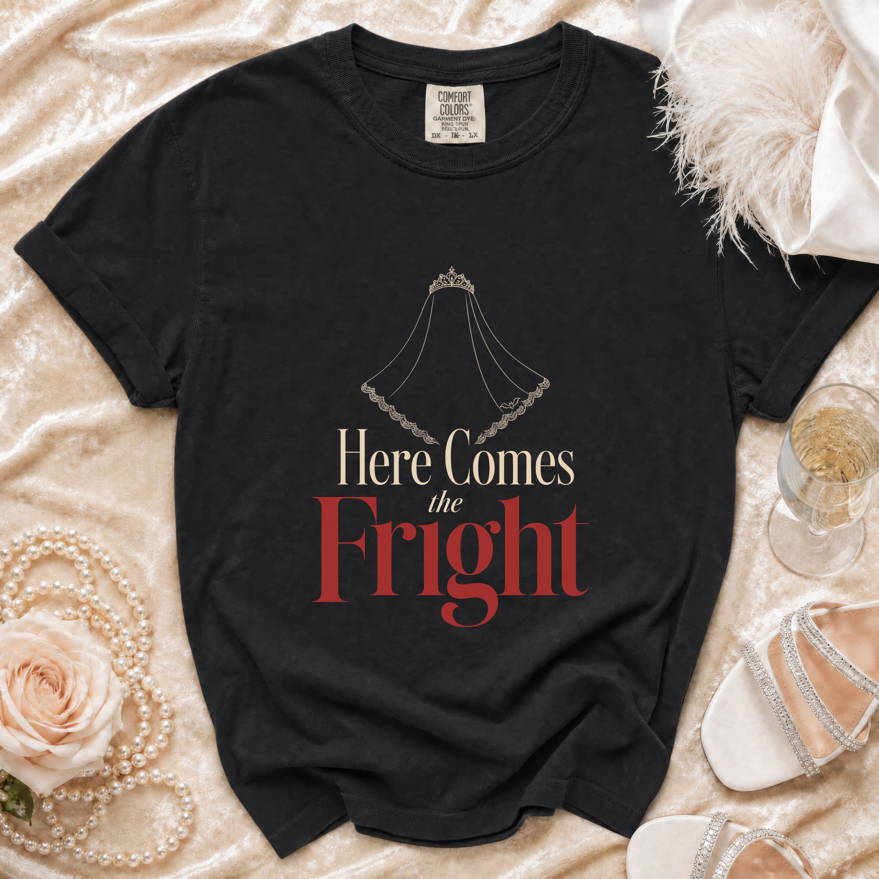 Black t-shirt with "Here Comes the Fright" text and a bridal veil graphic.