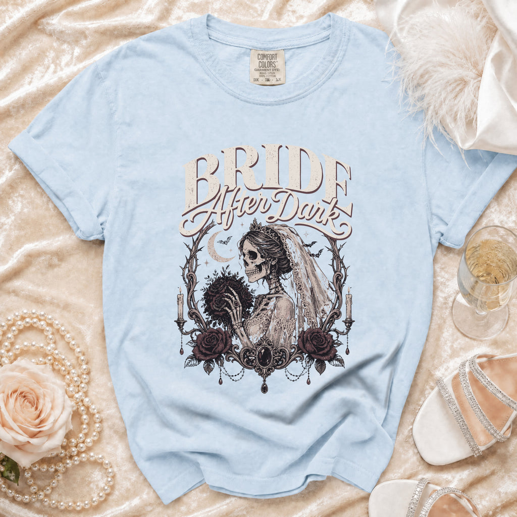 Light blue Comfort Colors t-shirt with "Bride After Dark" and skeleton bride graphic.