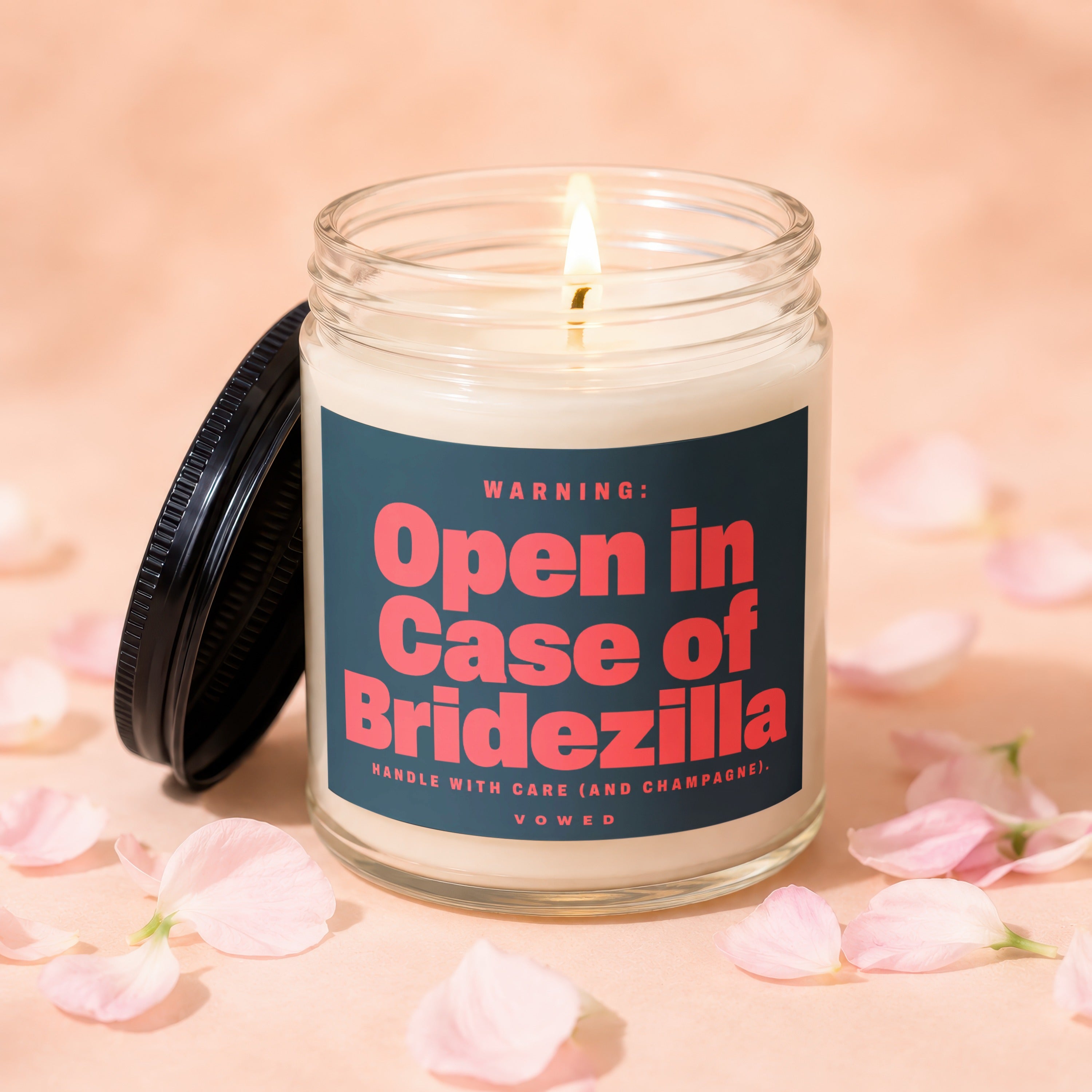 Candle jar with lid askew, featuring text "Open in Case of Bridezilla"