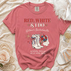 Red, White & I Do Willow's Bachelorette shirt with cowboy boots and bouquet.