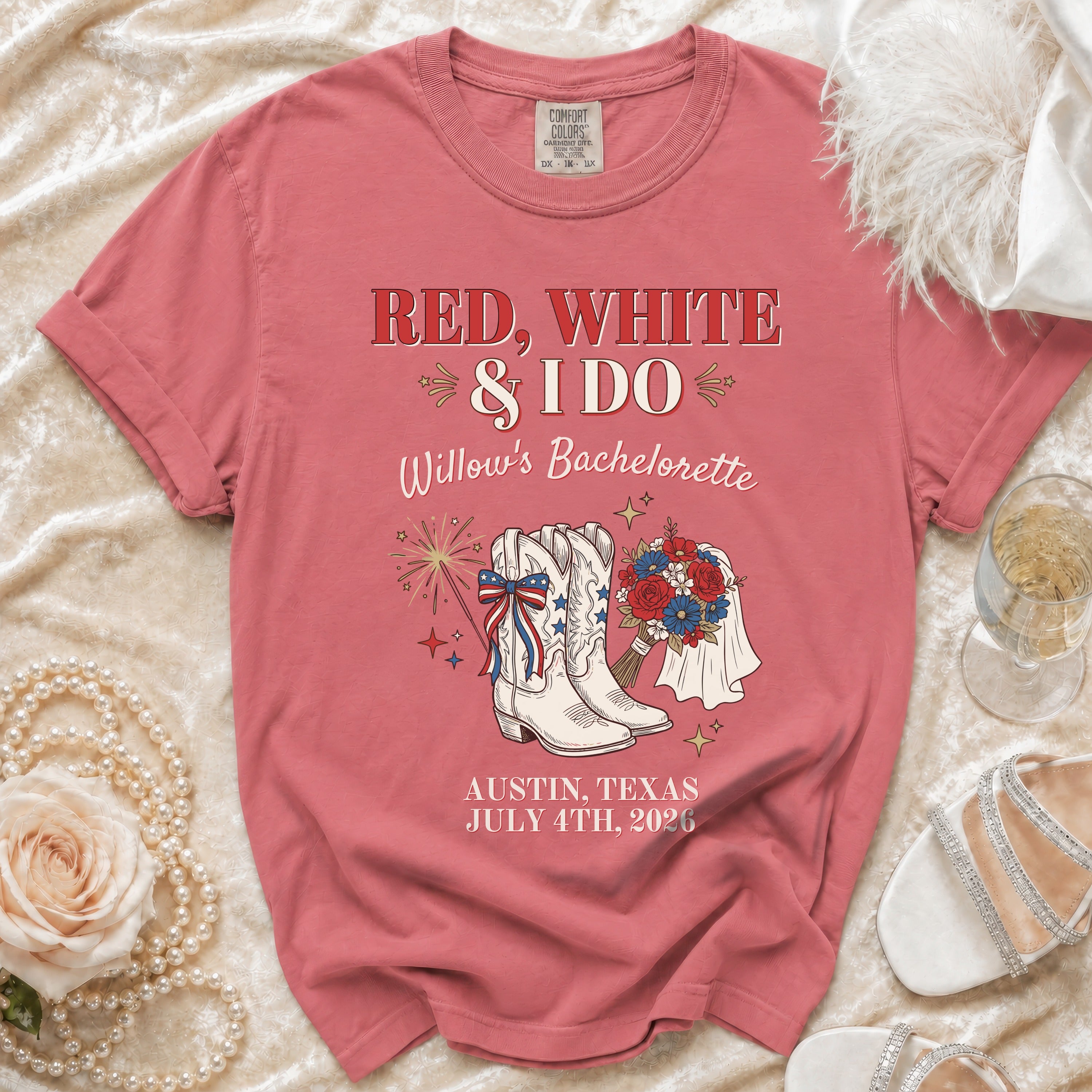 Red, White & I Do Willow's Bachelorette shirt with cowboy boots and bouquet.