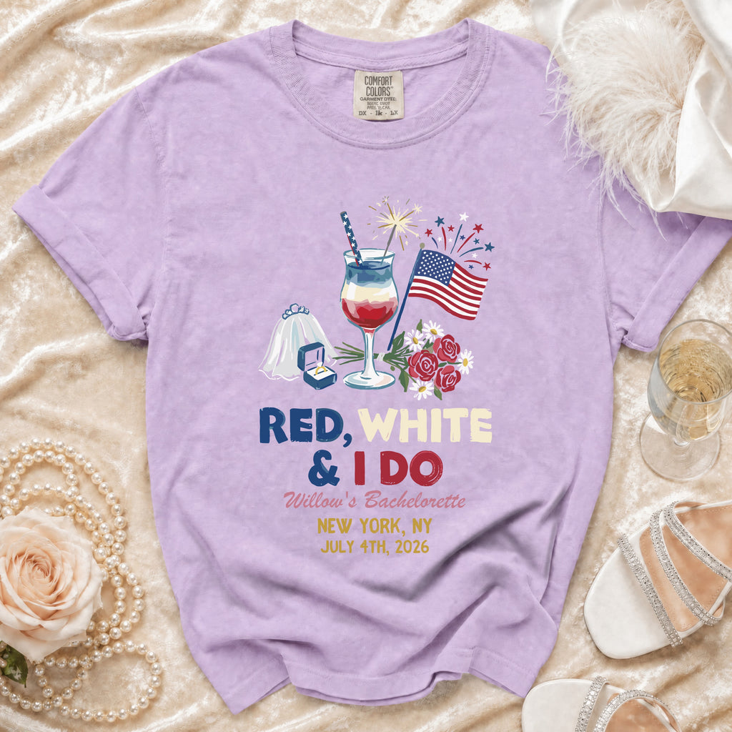 Lavender t-shirt with "Red, White & I Do Willow's Bachelorette" design.
