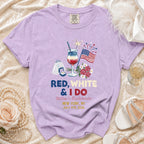 Lavender t-shirt with "Red, White & I Do Willow's Bachelorette" design.