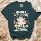 Mother of the Groom graphic tee with ghost, cat, pumpkin, and text.