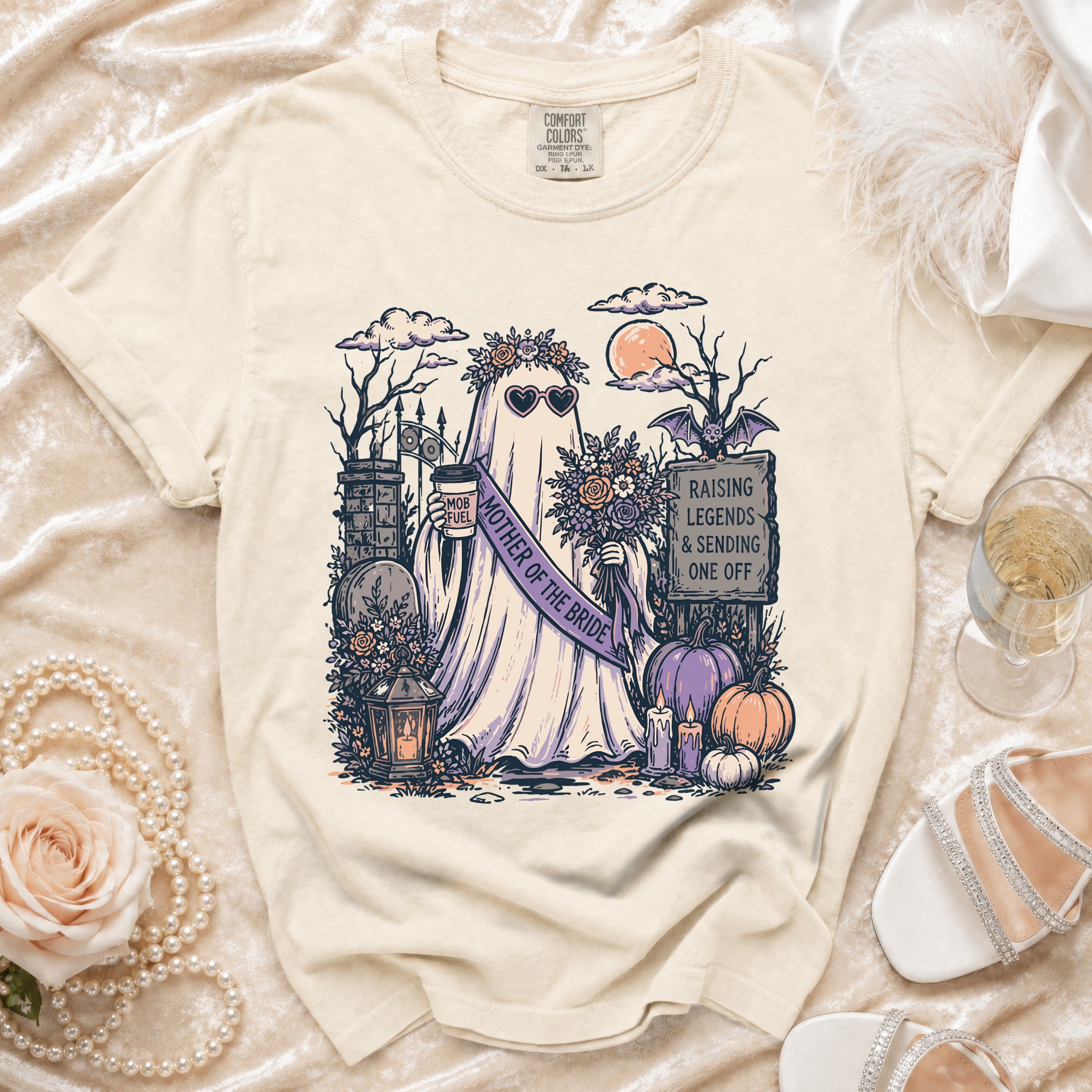 Ghost with "Mother of the Bride" sash and "Mob Fuel" coffee holds flowers.