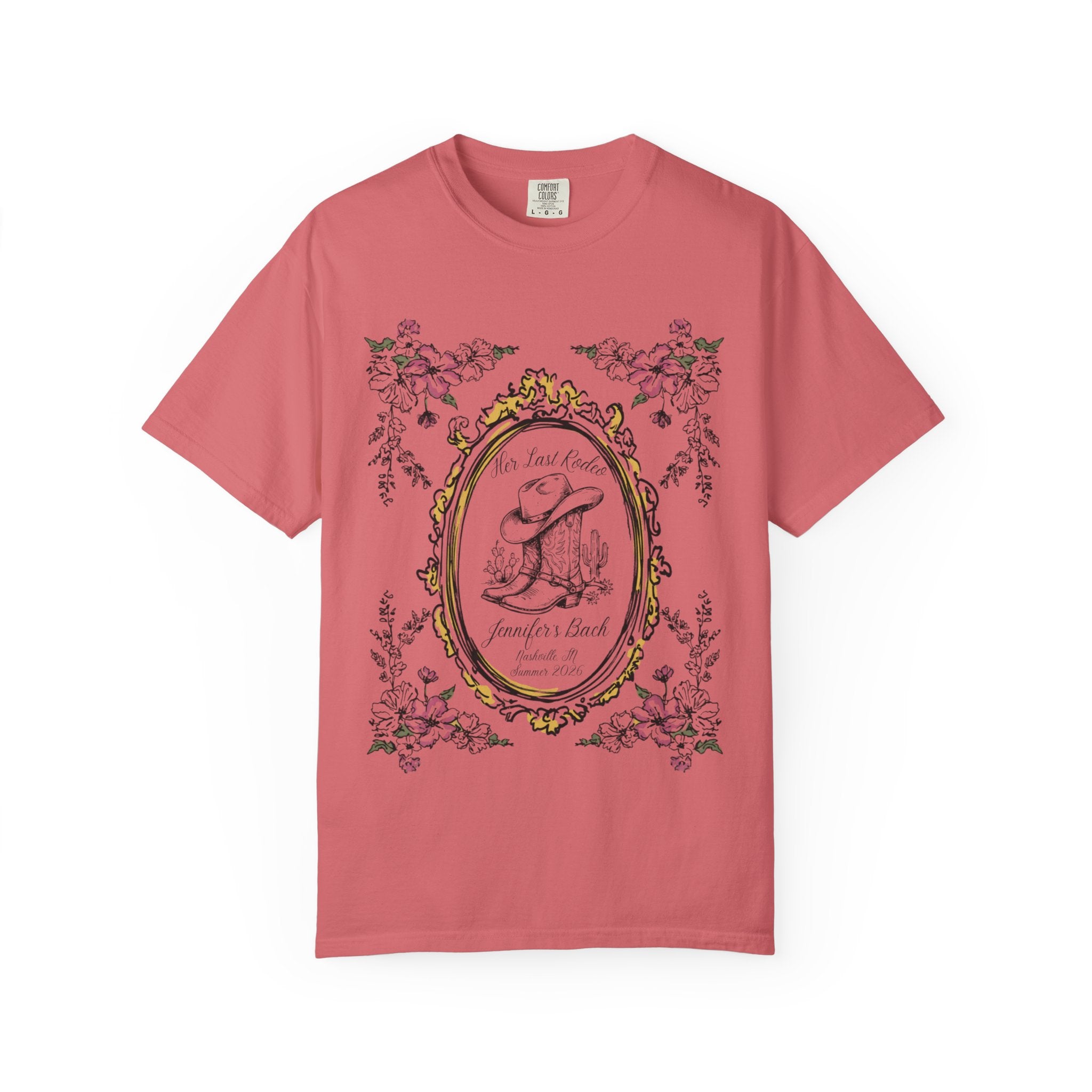 T-shirt with floral border, cowboy boot, and text "Her Last Rodeo, Jennifer's Bach, Nashville, Summer 2026".