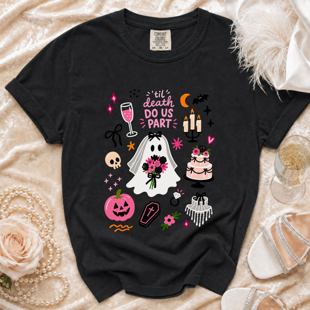 Black t-shirt with ghost bride graphic and " 'til death do us part" text.