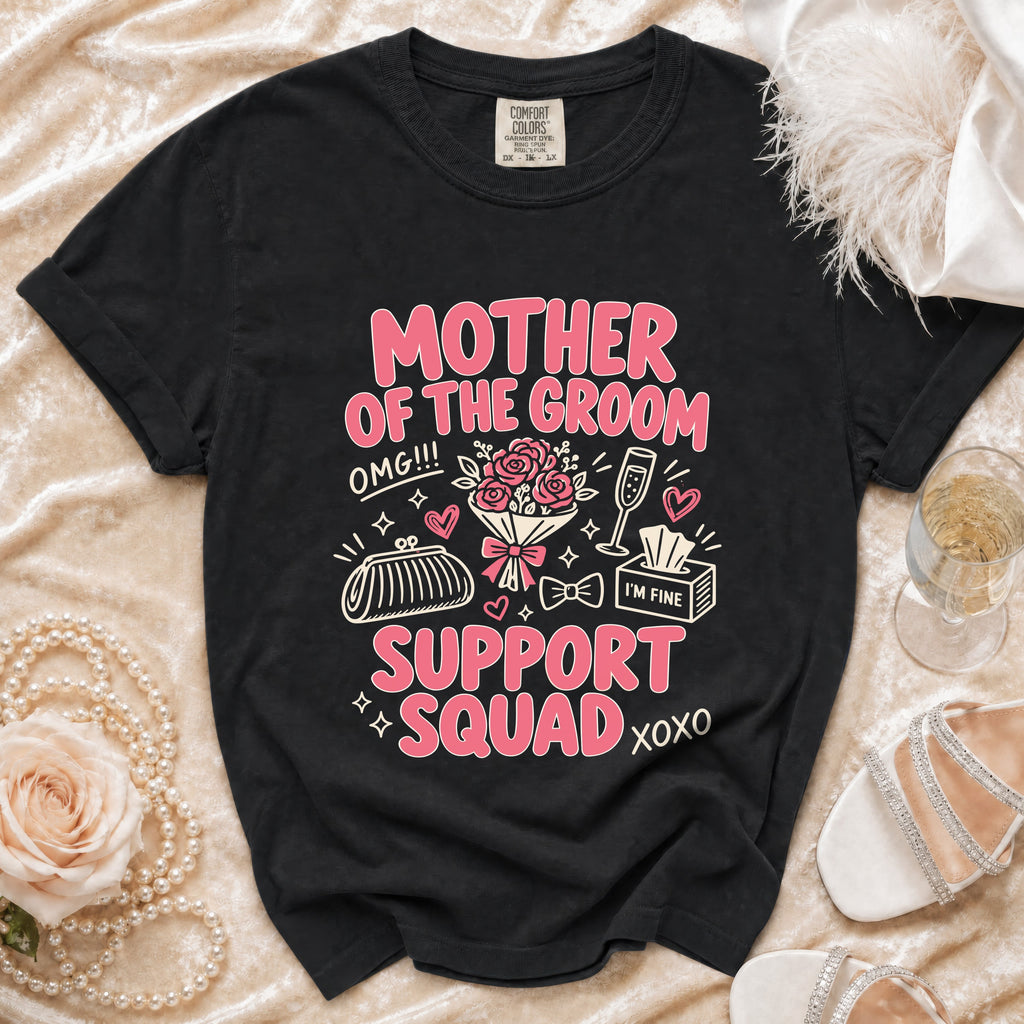 Black t-shirt with "Mother of the Groom Support Squad" graphic and wedding icons.