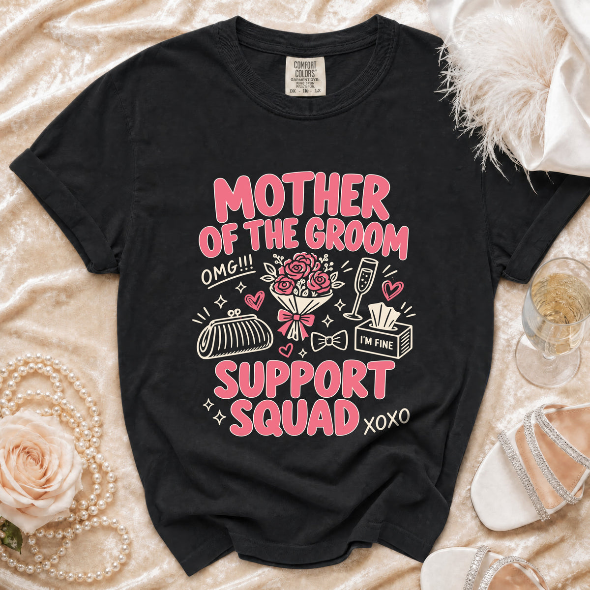 Black t-shirt with "Mother of the Groom Support Squad" graphic and wedding icons.