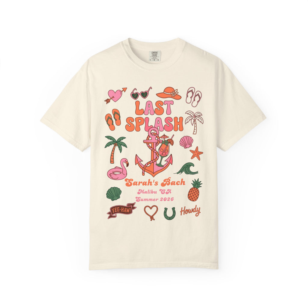 Cream t-shirt with "Last Splash" and "Sarah's Bach Malibu CA Summer 2026" graphic.