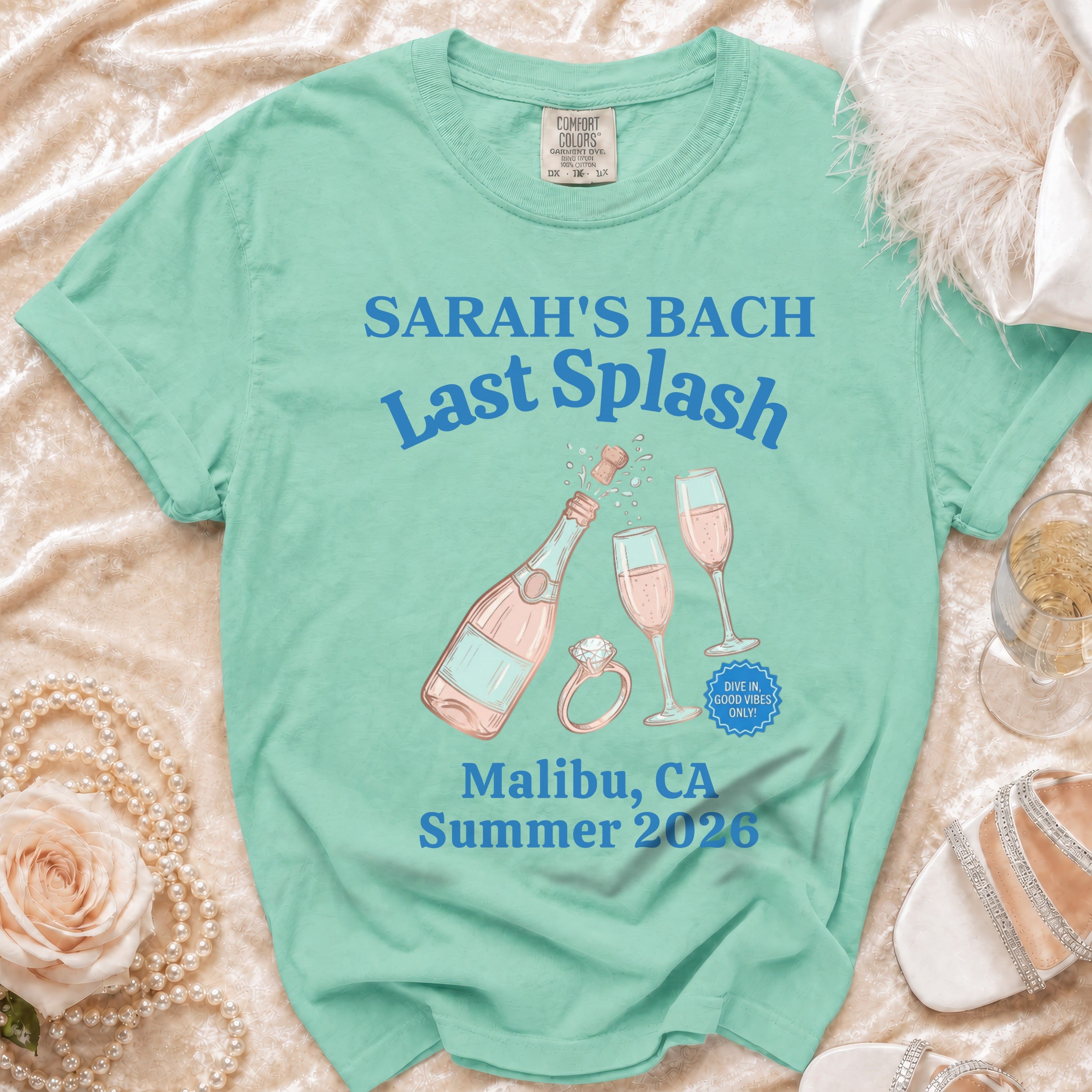 Sarah's Bach Last Splash design on a mint green t-shirt, Malibu, CA Summer 2026.