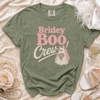Olive green t-shirt with "Bridey Boo Crew" text and a ghost bride graphic.
