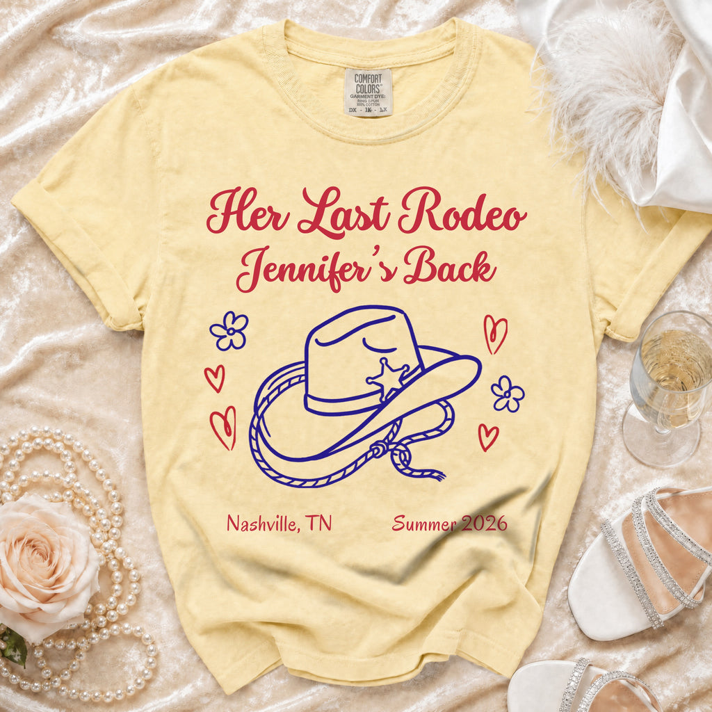 Yellow t-shirt with "Her Last Rodeo Jennifer's Back" and Nashville/Summer 2026.