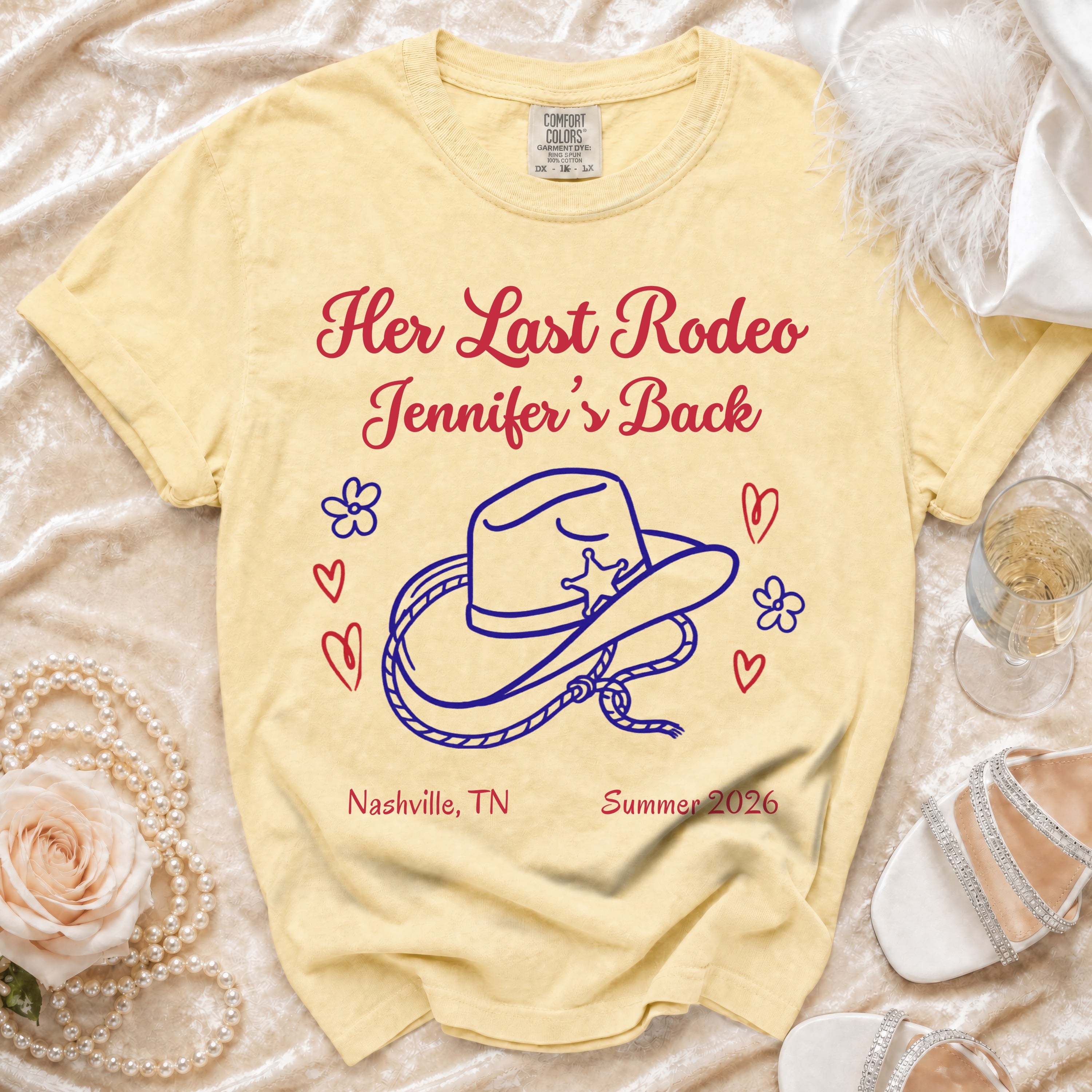 Yellow t-shirt with "Her Last Rodeo Jennifer's Back" and Nashville/Summer 2026.
