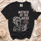Black t-shirt with "Mother of the Bride" text and a woman holding champagne.