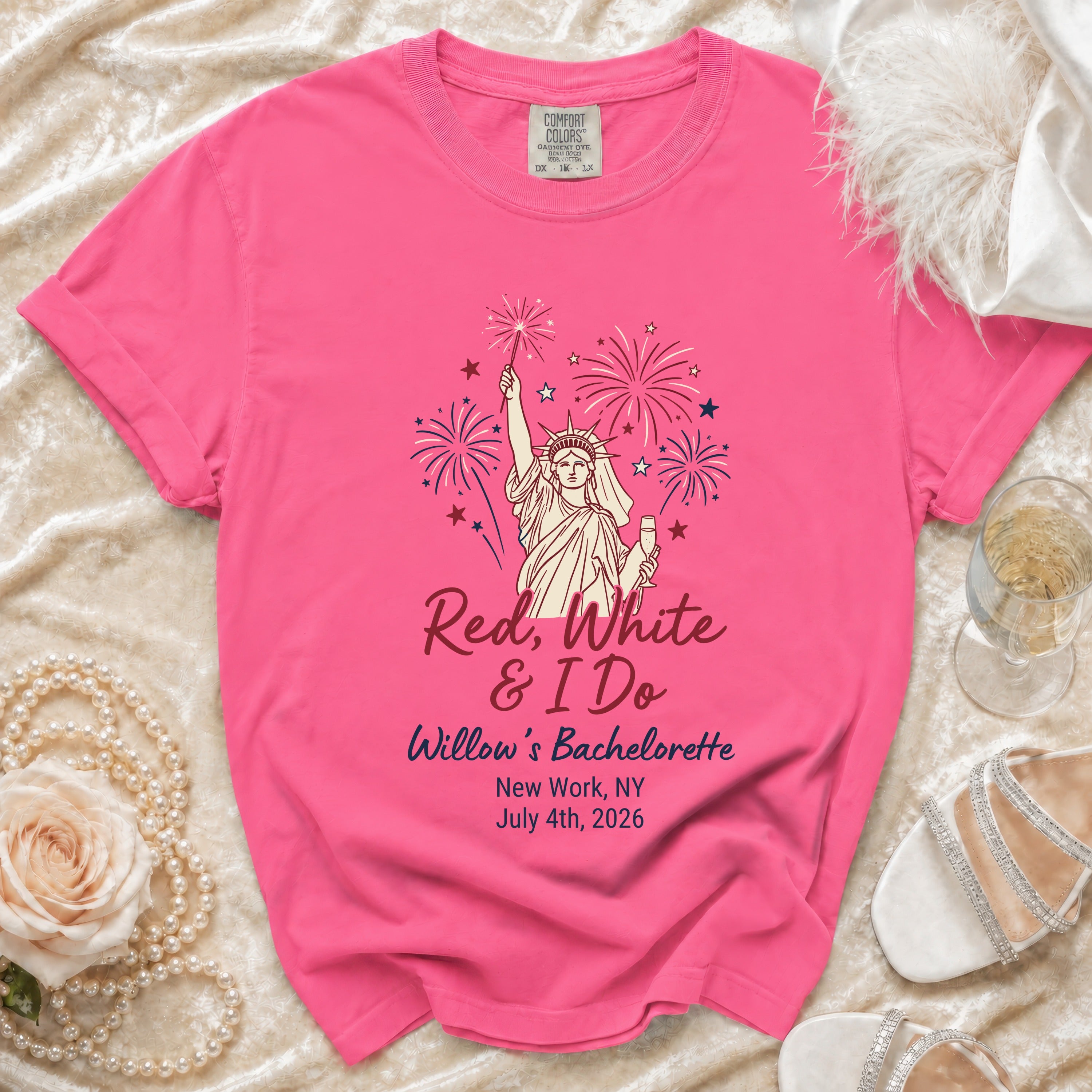 Red, White & I Do Willow's Bachelorette t-shirt, New York, July 4th, 2026.