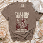 T-shirt with skeleton bride graphic saying "This Bride Bites 'Til Death Looks Good On Me".
