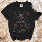 Black t-shirt with cross-stitch Halloween graphics and "Mother of the Bride... but make it spooky" text.