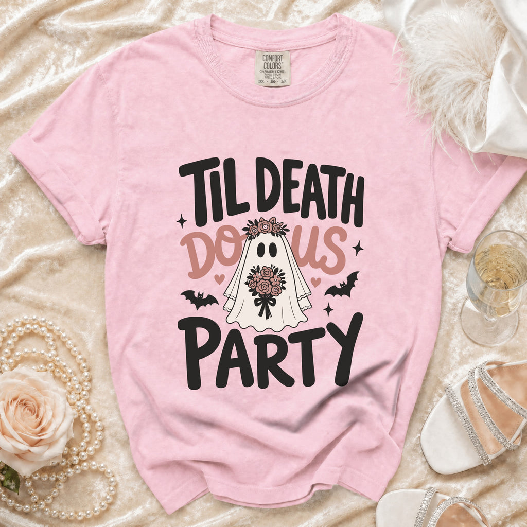 Pink t-shirt with "Til Death Do Us Party" ghost design and bats.