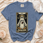 T-shirt with skeleton bride tarot card design and "The Bride" text.