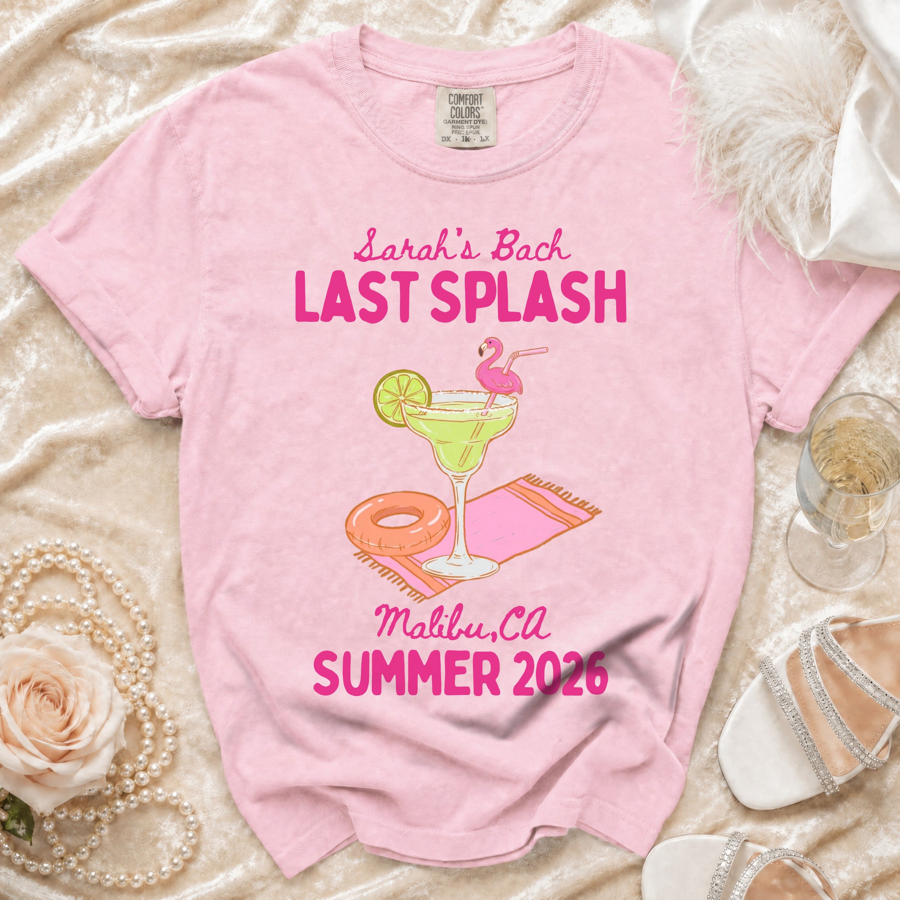 Pink t-shirt with "Sarah's Bach Last Splash Malibu, Ca Summer 2026" text and graphics.