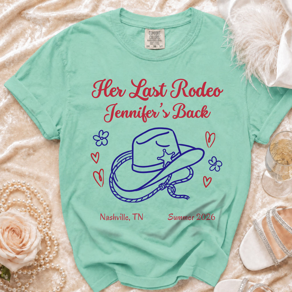 Mint green t-shirt with "Her Last Rodeo Jennifer's Back" text and cowboy hat graphic.