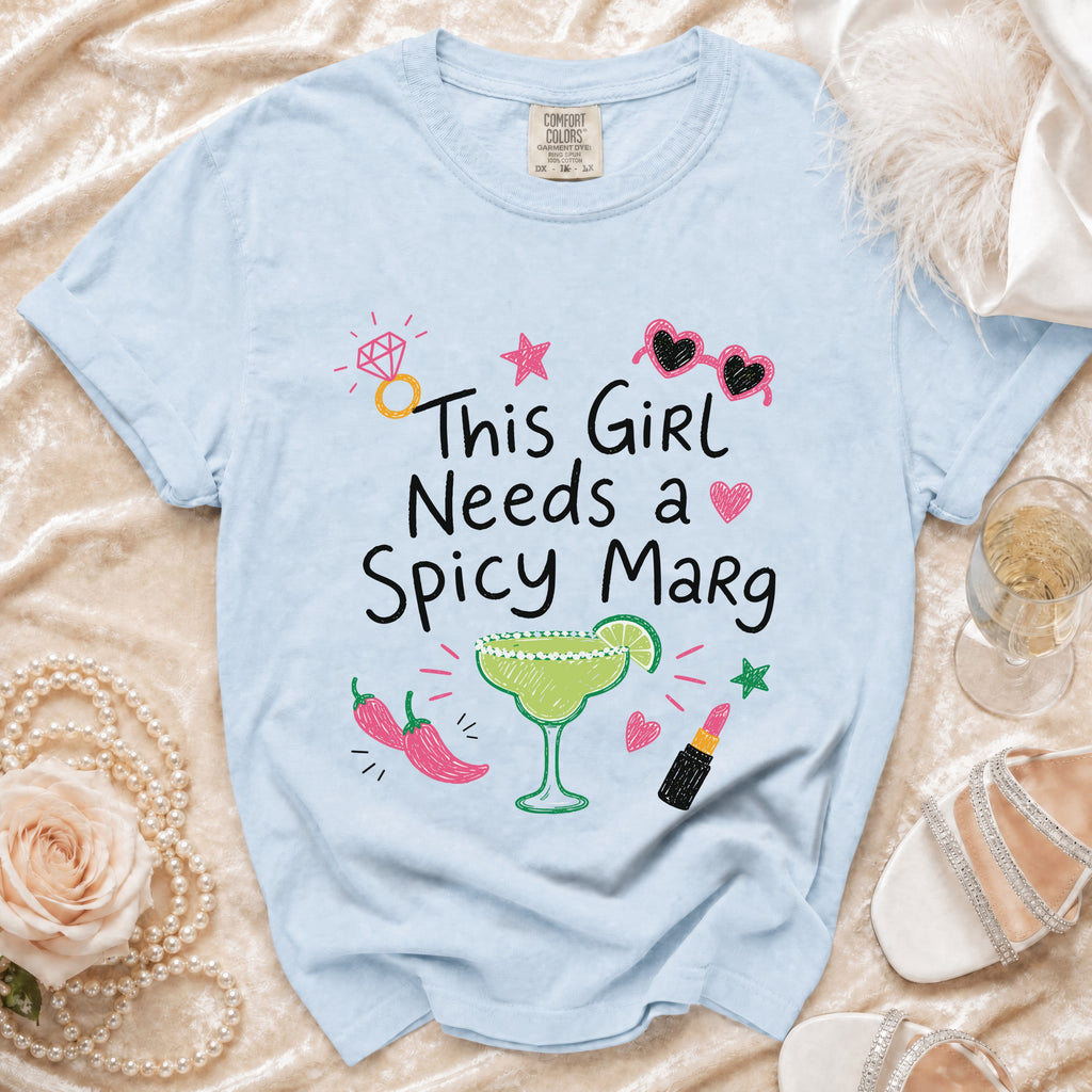 Light blue t-shirt with "This Girl Needs a Spicy Marg" text and graphics.