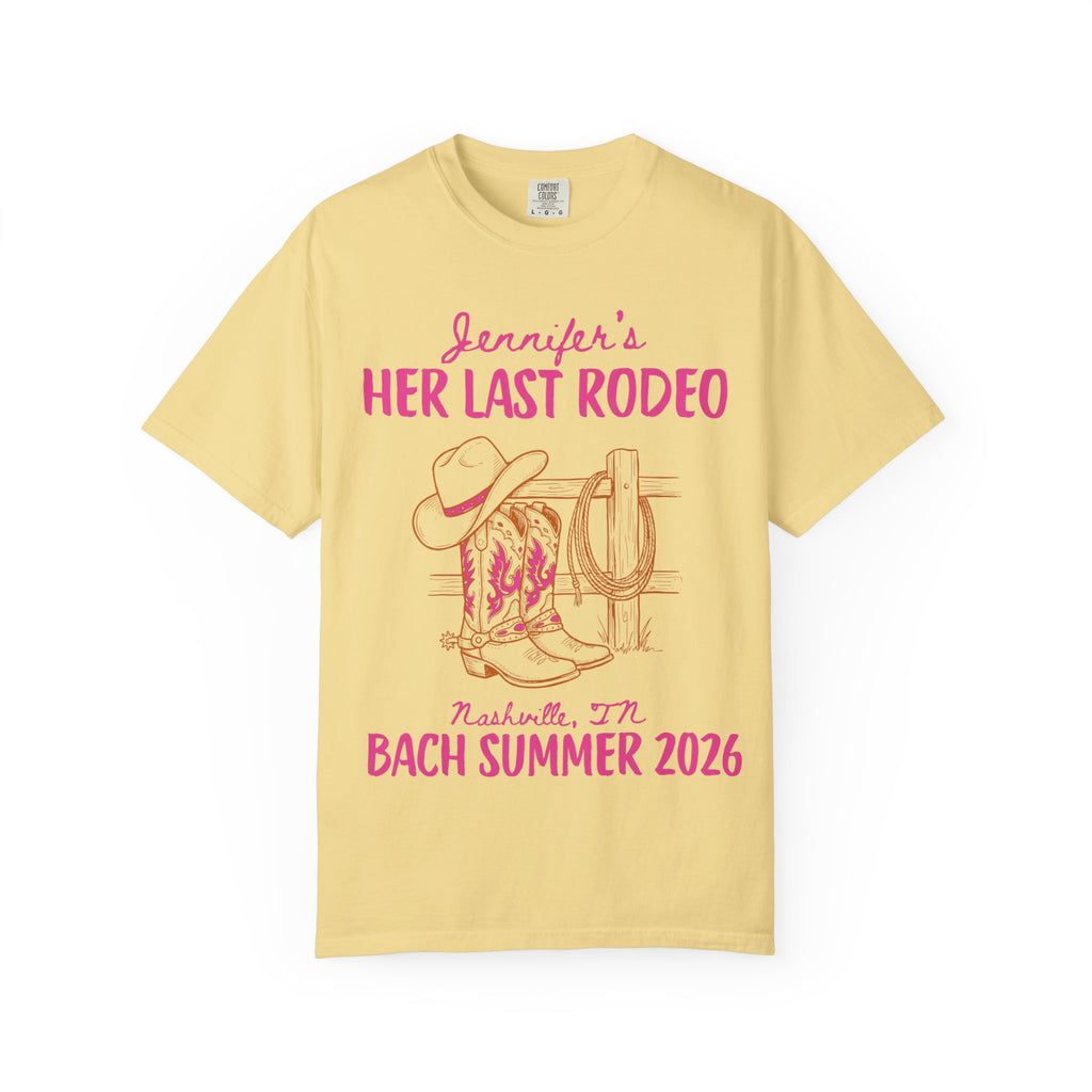Yellow t-shirt with "Jennifer's Her Last Rodeo" and Nashville, TN Bach Summer 2026.