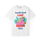 White t-shirt with "Sarah's Bach Last Splash" and flamingo graphic.