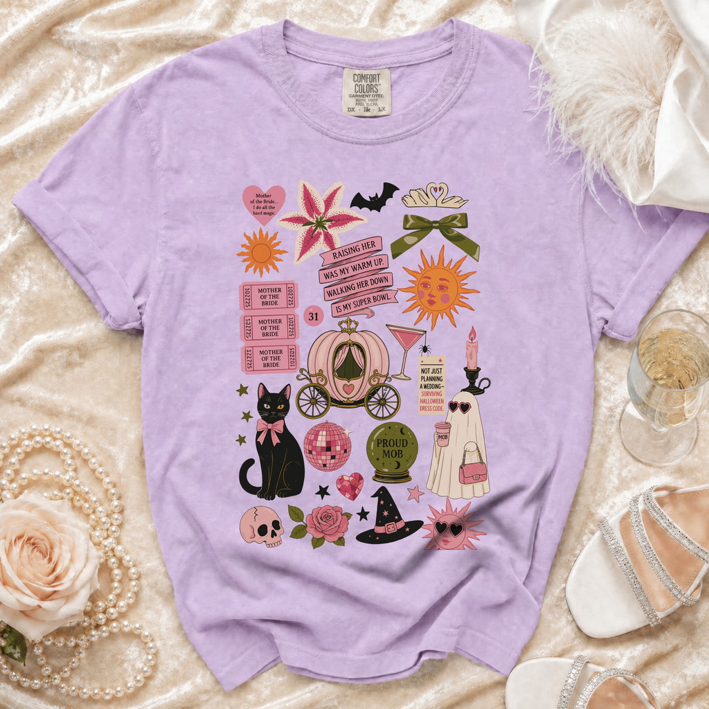 Lilac t-shirt with Halloween and wedding themed graphics and text.