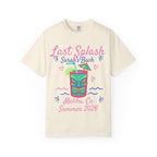 Cream t-shirt with "Last Splash Sarah's Bach Malibu, Ca Summer 2026" text and tiki design.