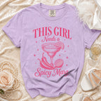 Purple t-shirt with "This Girl Needs a Spicy Marg" graphic and margarita.