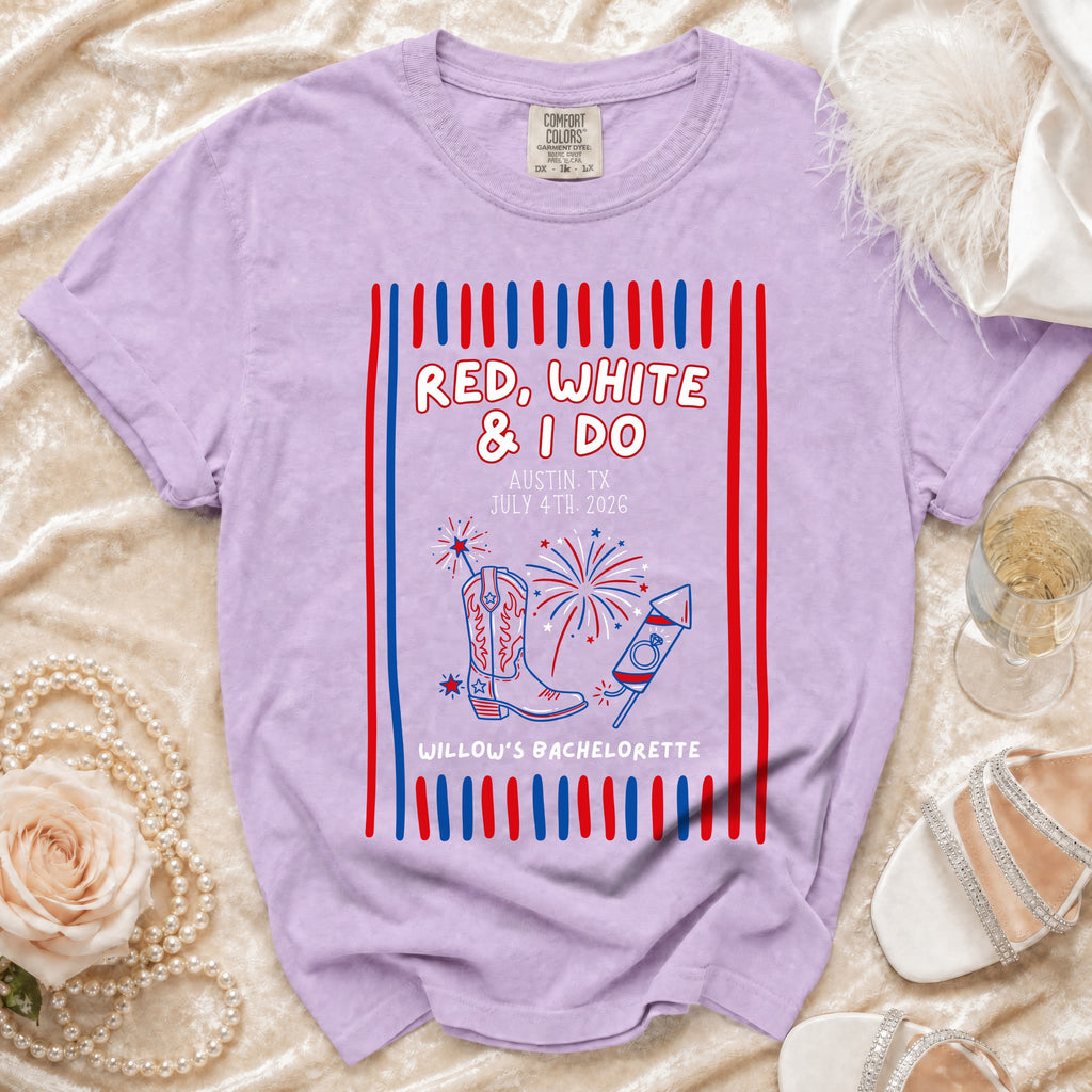 Comfort Colors t-shirt with "Red, White & I Do" text and patriotic graphics.